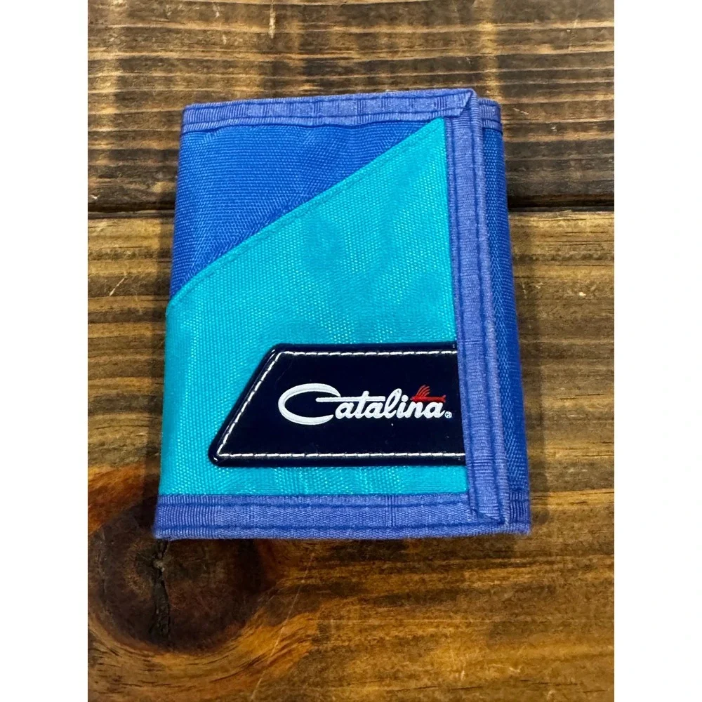 Vintage Catalina Mens Trifold Wallet Blue Teal Nylon Velcro 1990s Retro Striped